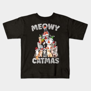 Meowy Catmas Santa Hat Cat Christmas Tree Kids T-Shirt